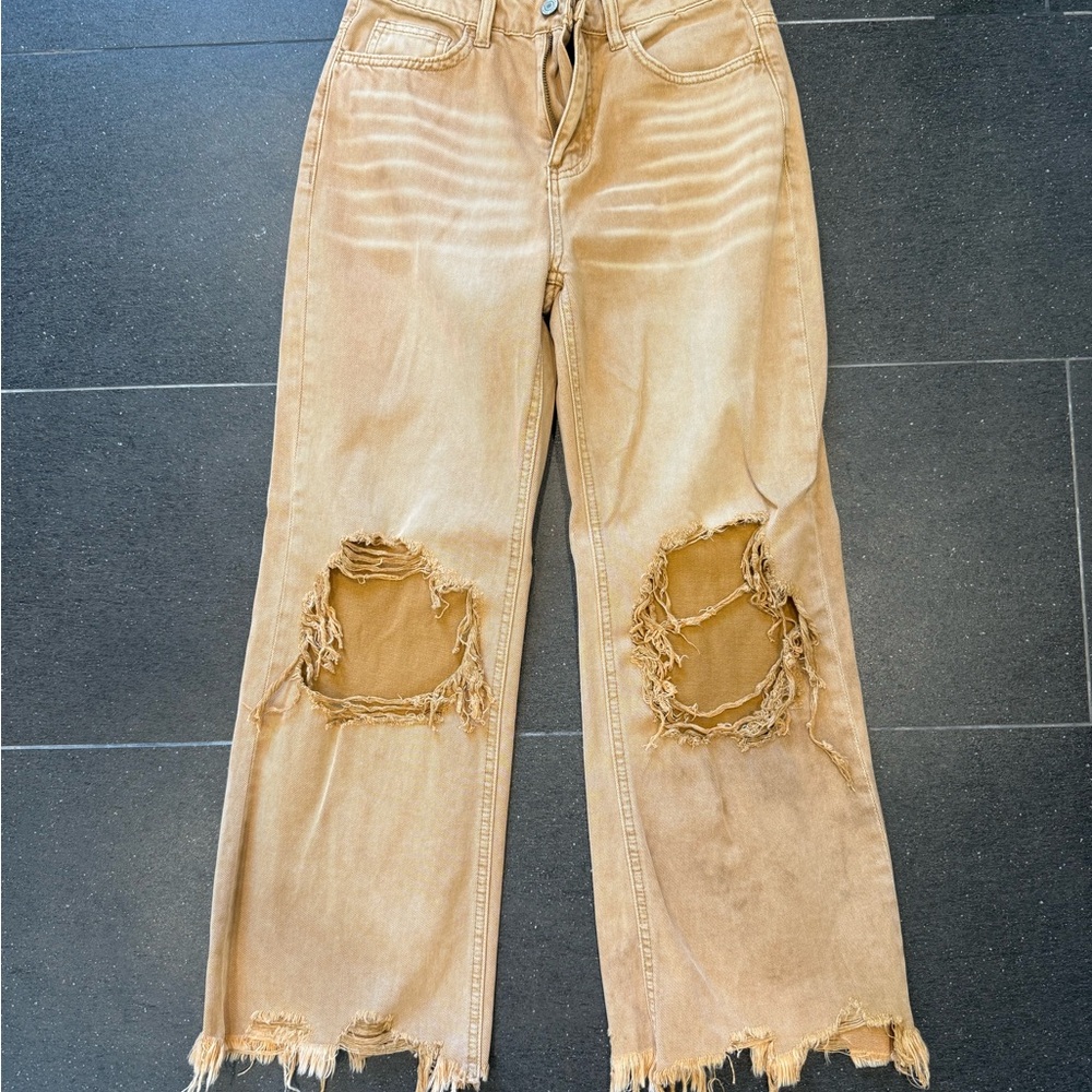High Rise Distressed Tan Jeans